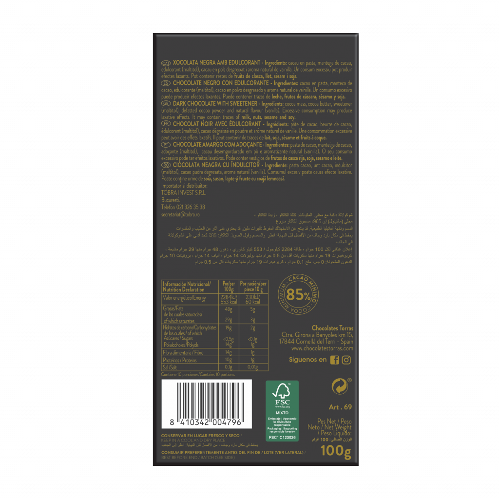 Chocolate Negro 85% ZERO Azúcares 100g
