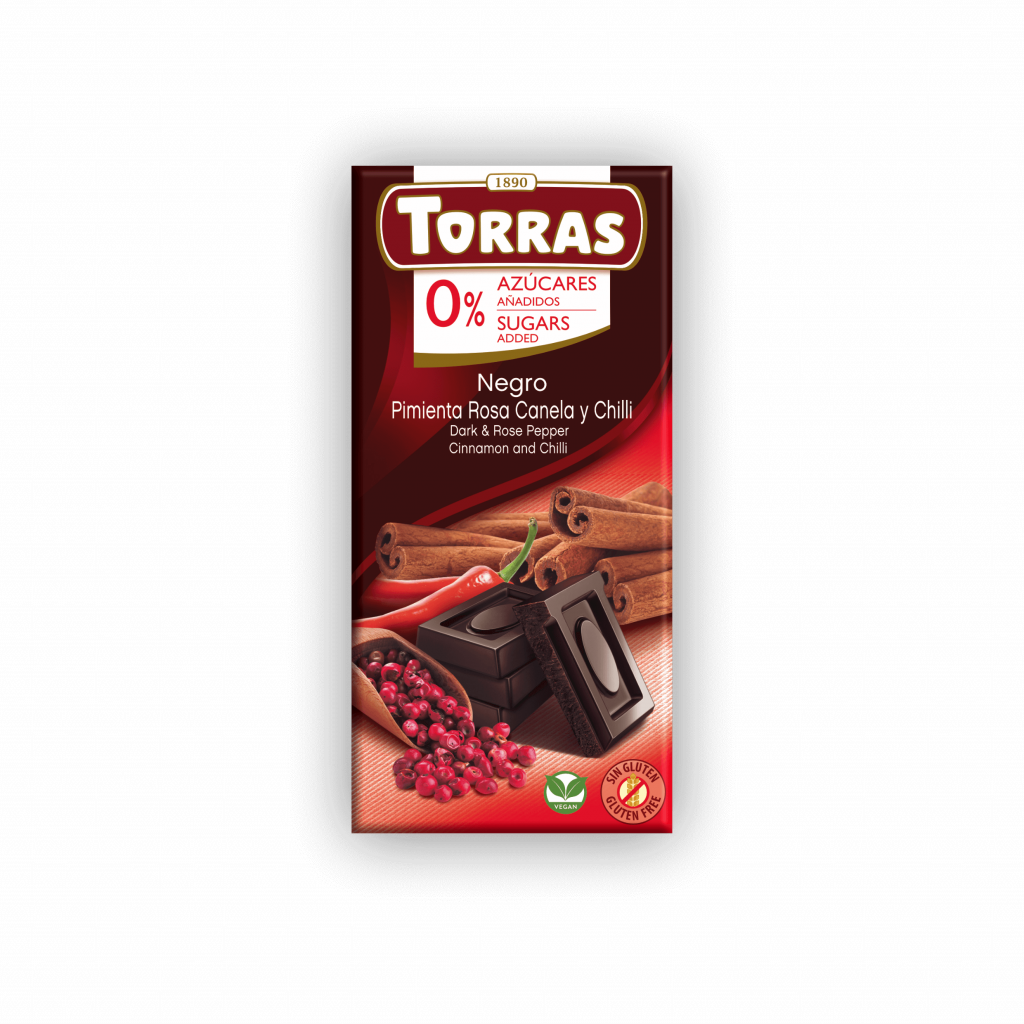 Chocolate Negro Sin Azúcar con pimienta rosa, chili y canela 75g