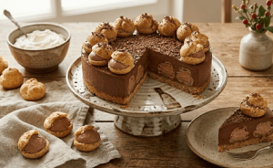 Receta de tarta de chocolate con profiteroles